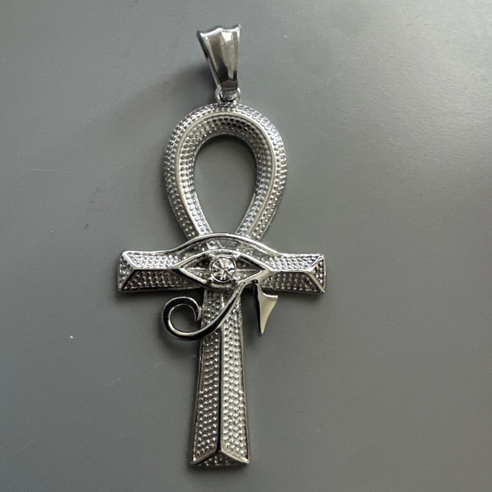 Silver Plated Stainless Steel Egyptian Ankh Cross Pendant 24” Cubic Zirconia